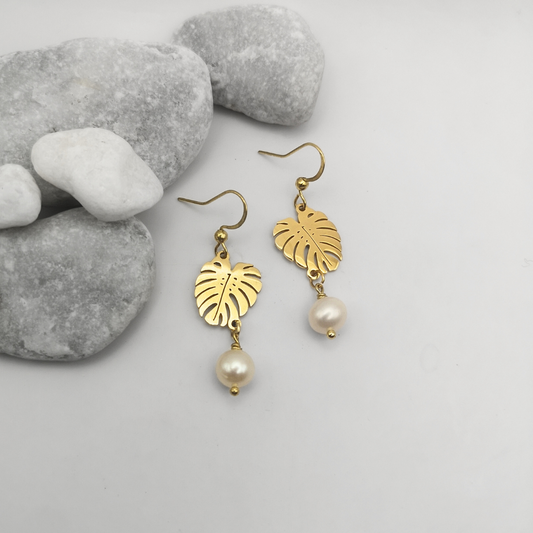 Gold Plated Stainless Steel Monstera Leaf Freshwater Pearl Earrings