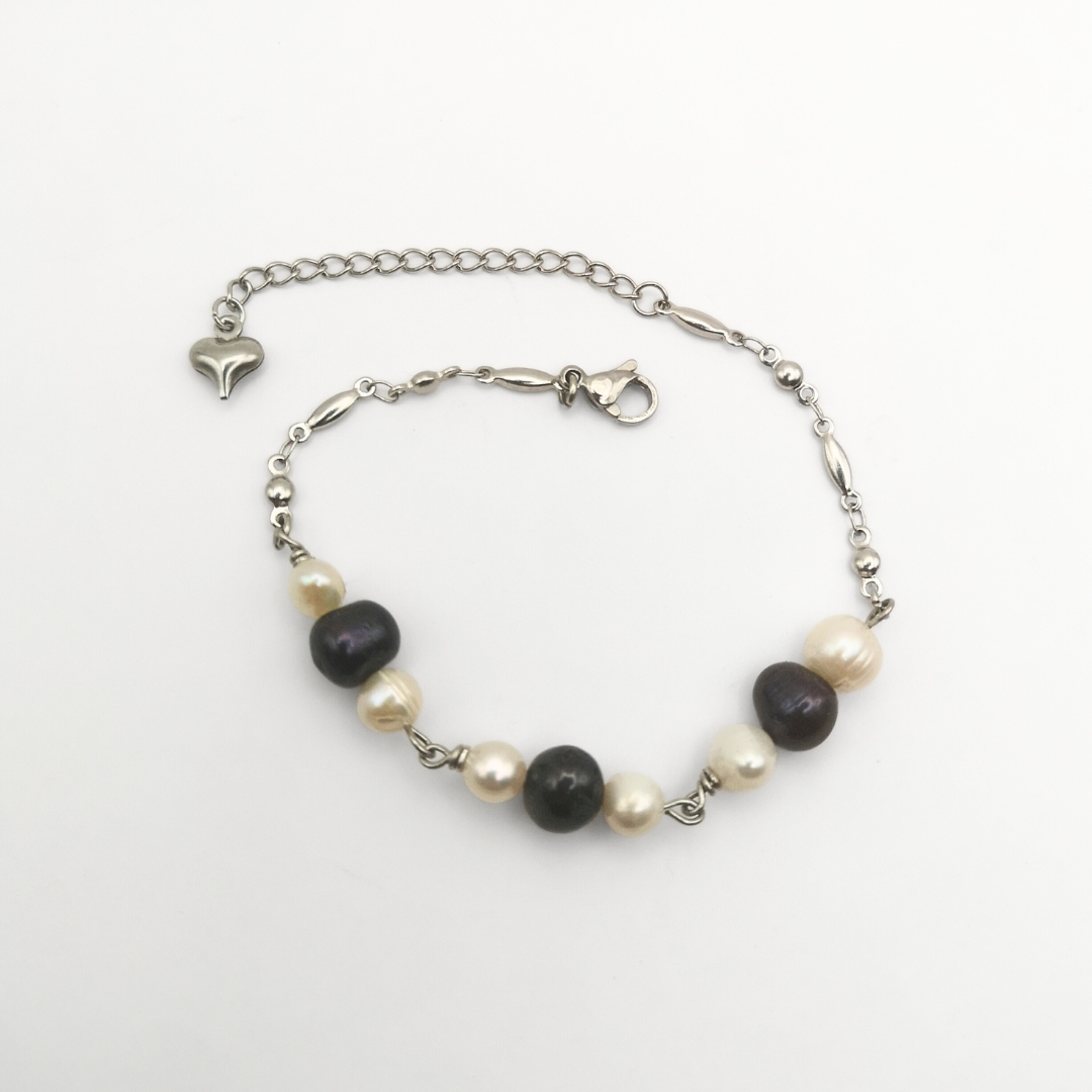 Midnight Blue & White Freshwater Pearls Stainless Steel Bracelet