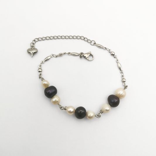 Midnight Blue & White Freshwater Pearls Stainless Steel Bracelet