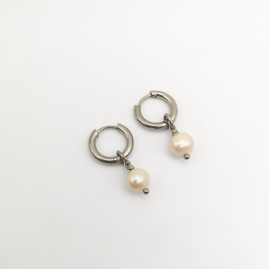Stainless Steel Hoop Earrings with White Freshwater Pearls