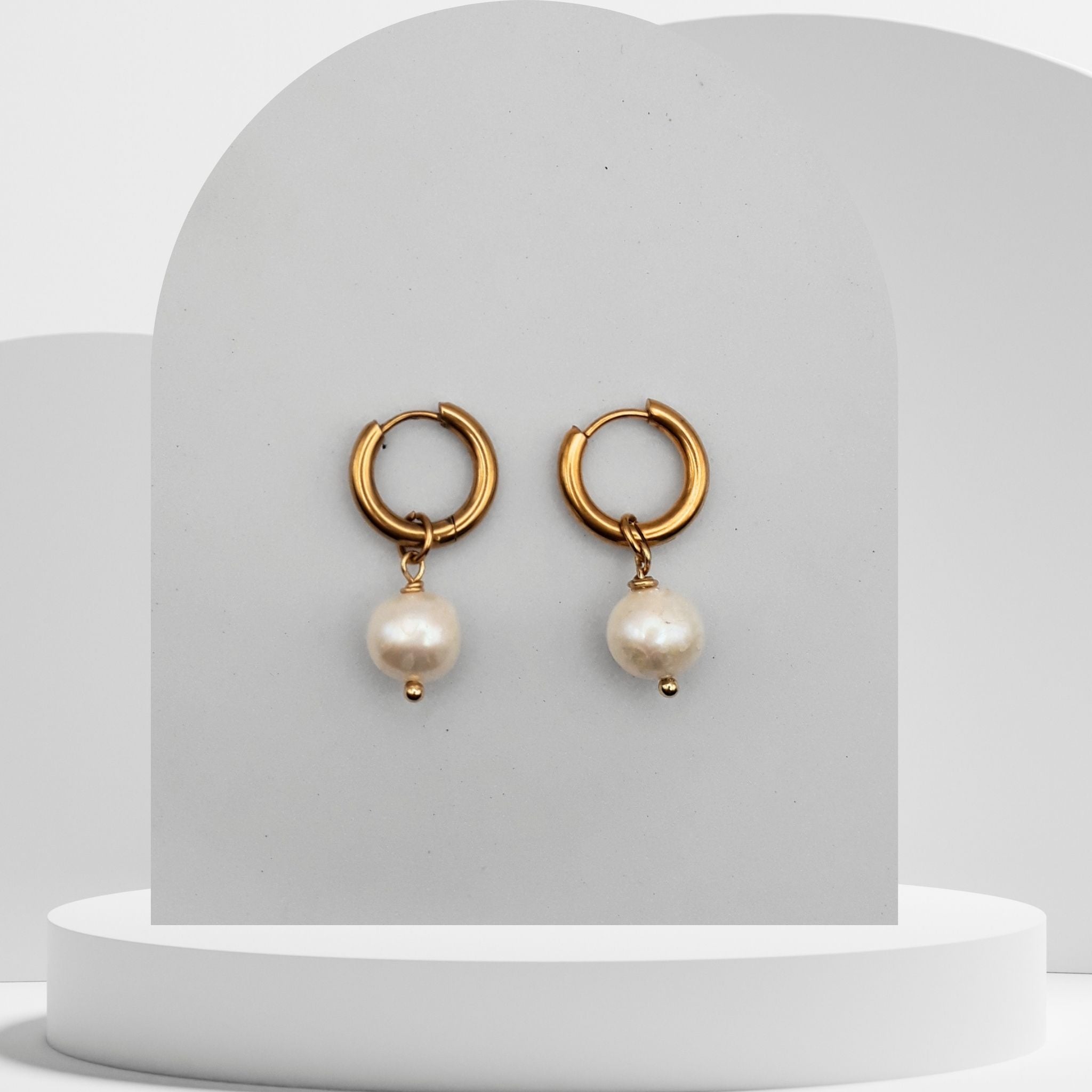 Gold stainless steel 14mm hoop earrings with freshwater pearls