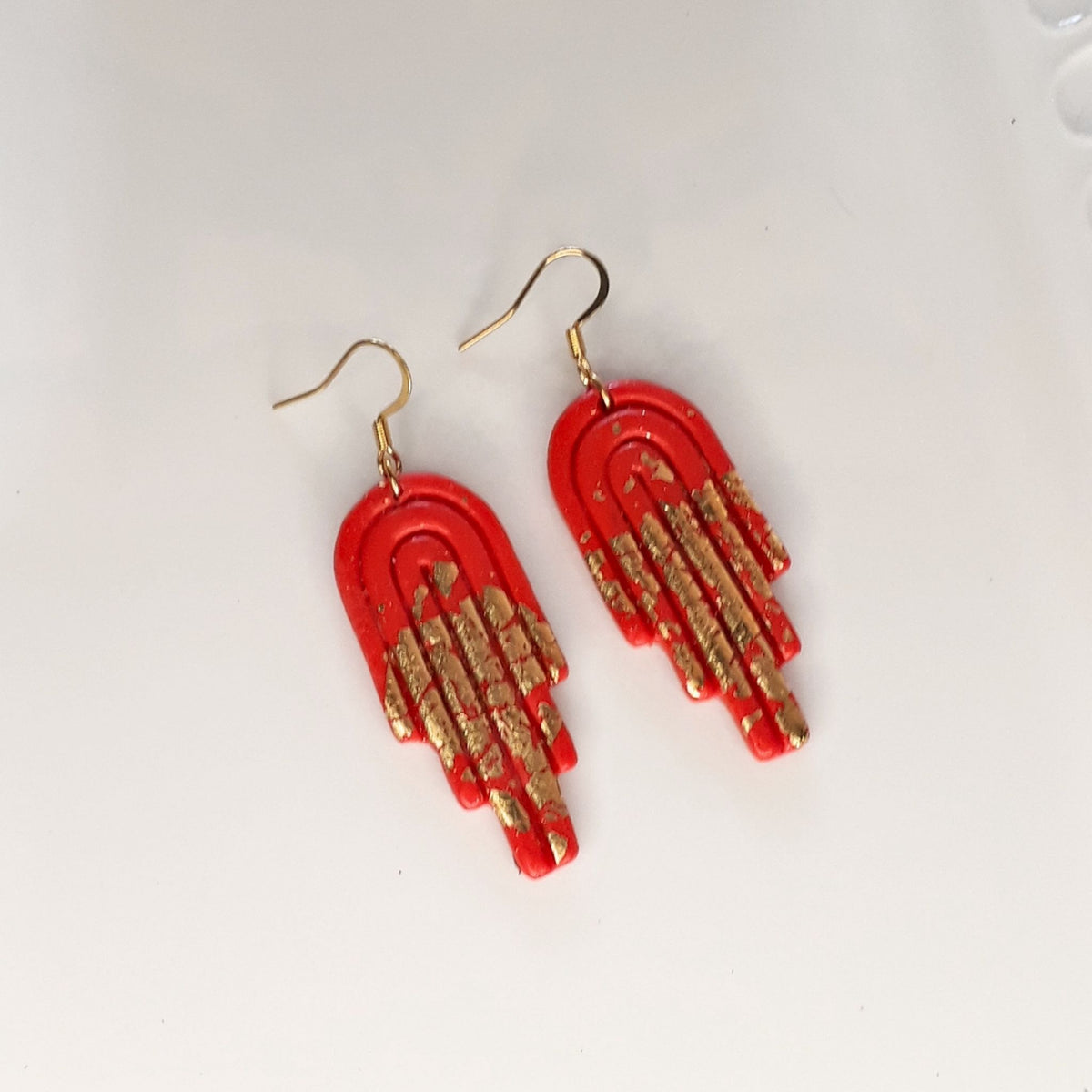 Dark Orange & Gold Arch Polymer Clay Dangle Earrings with 316L Gold-Plated Stainless Steel Hooks