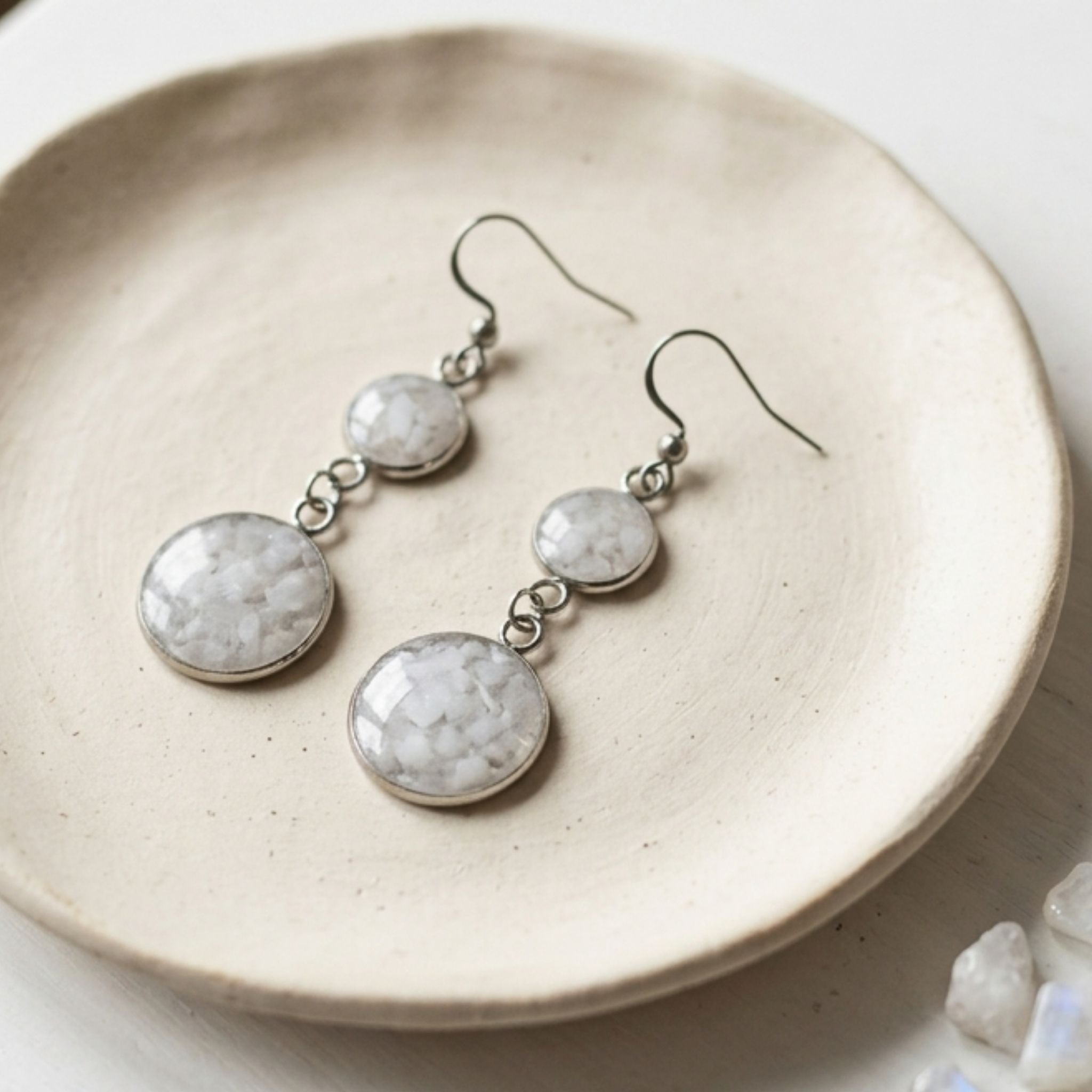 Natural crushed moonstone dangle earrings with 16mm and 10mm bezels, 304 stainless steel shepherd hooks - Kiooinsitu