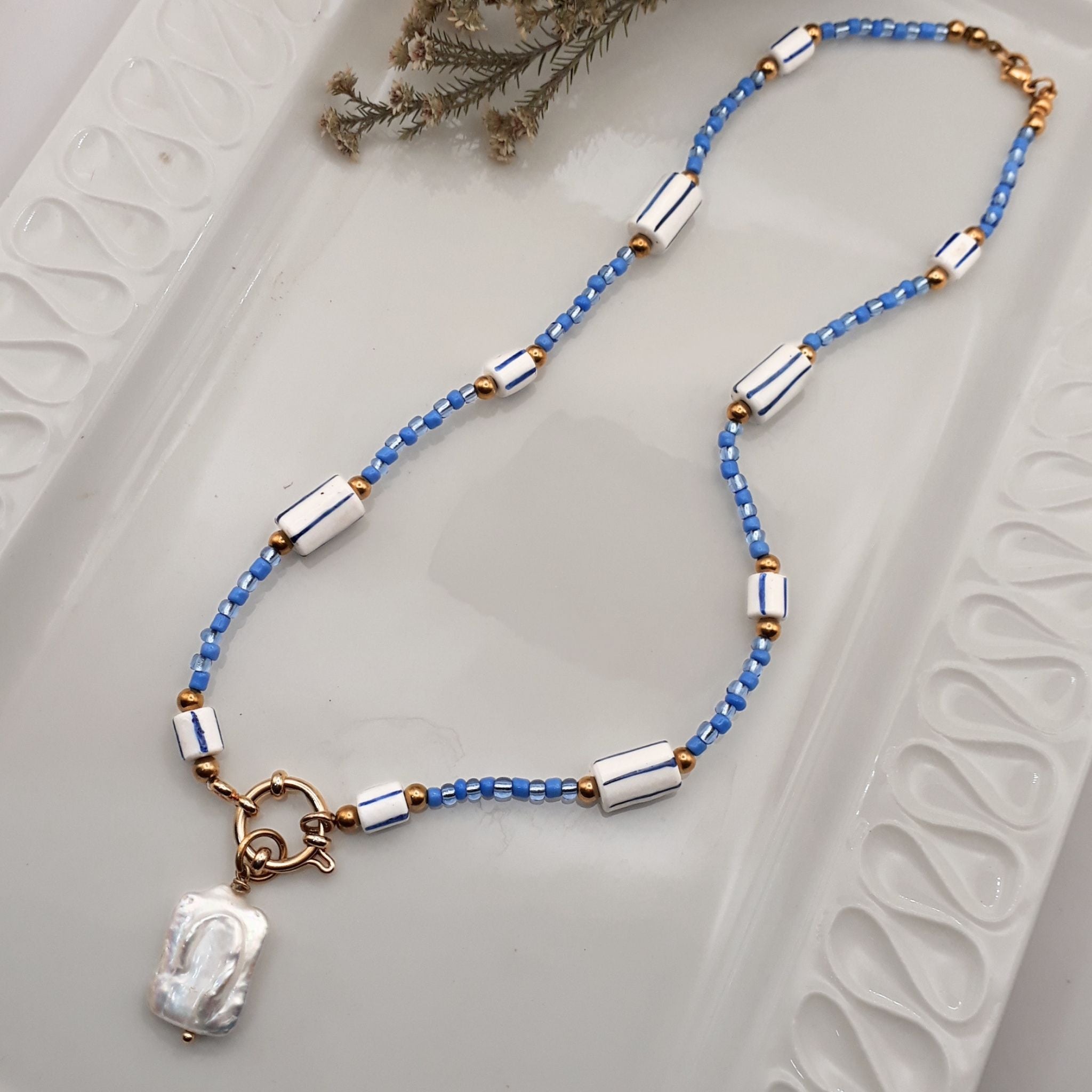 Blue Bead Baroque Pearl Necklace - Kiooinsitu
