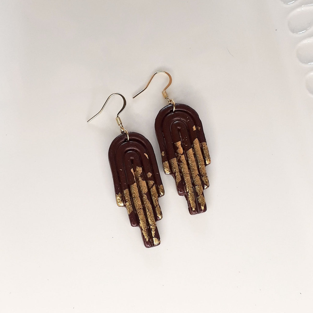 Dark Brown & Gold Arch Polymer Clay Dangle Earrings – 316L Gold-Plated Stainless Steel Hooks