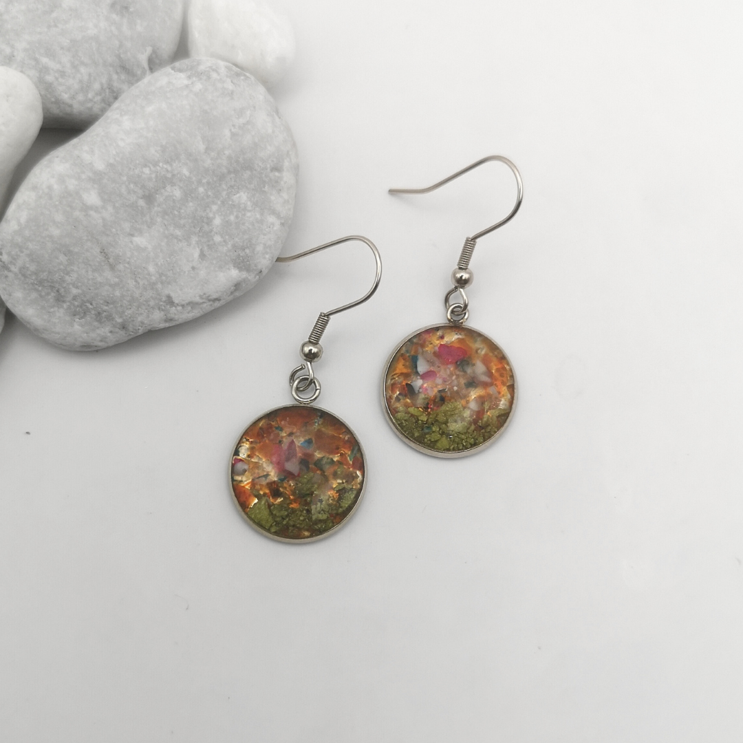 Crushed Agate & Serpentine Stainless Steel Drop Earrings - Kiooinsitu