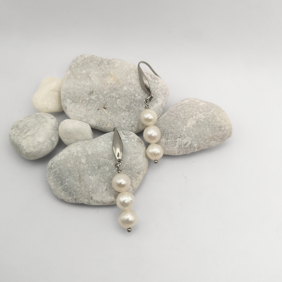 White Freshwater Pearl Stainless Steel Drop Earrings - Kiooinsitu