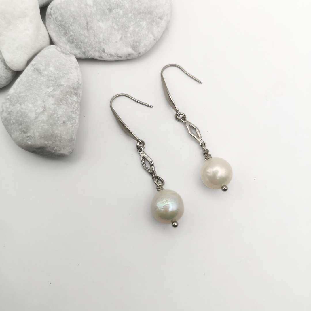 White Freshwater Pearl Stainless Steel Drop Earrings - Kiooinsitu