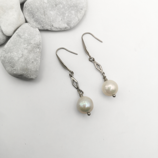 White Freshwater Pearl Stainless Steel Drop Earrings