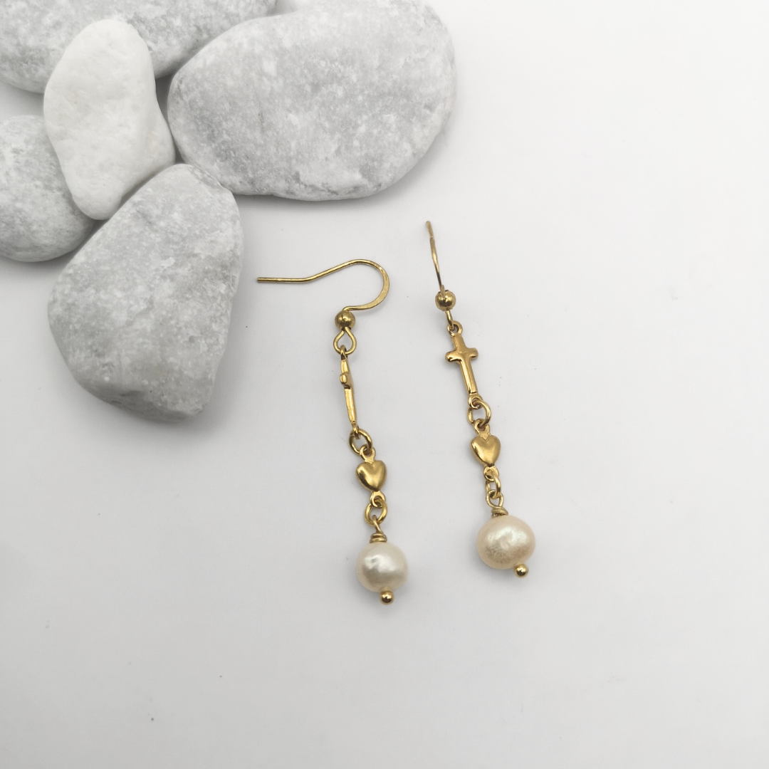White Freshwater Pearl Gold Plated Stainless Steel Dangle Earrings - Kiooinsitu