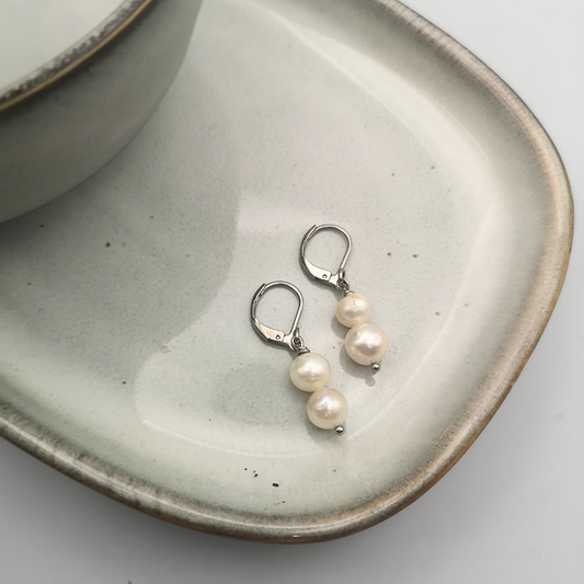 Double White Freshwater Pearl Drop Earrings