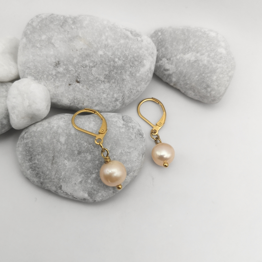 Gold Plated Stainless Steel Freshwater Pearl Drop Earrings