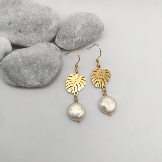 Coin Freshwater Pearl Dangle Earrings