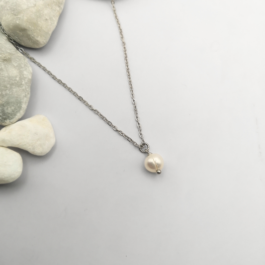White Pearl Pendant Stainless Steel Necklace