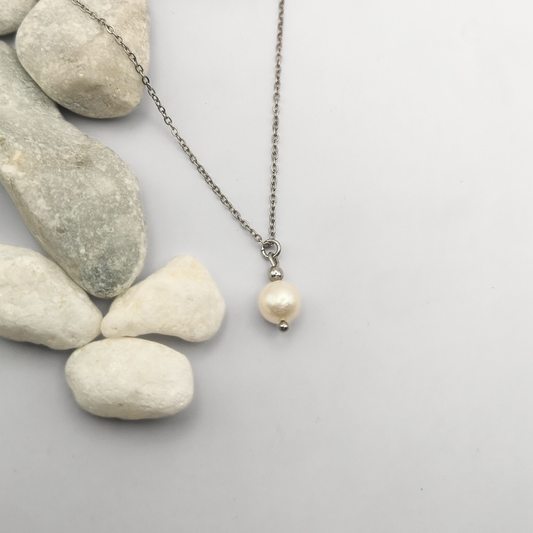 White Freshwater Pearl Pendant Stainless Steel Necklace
