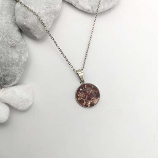 Crushed Red Garnet Pendant Stainless Steel Necklace
