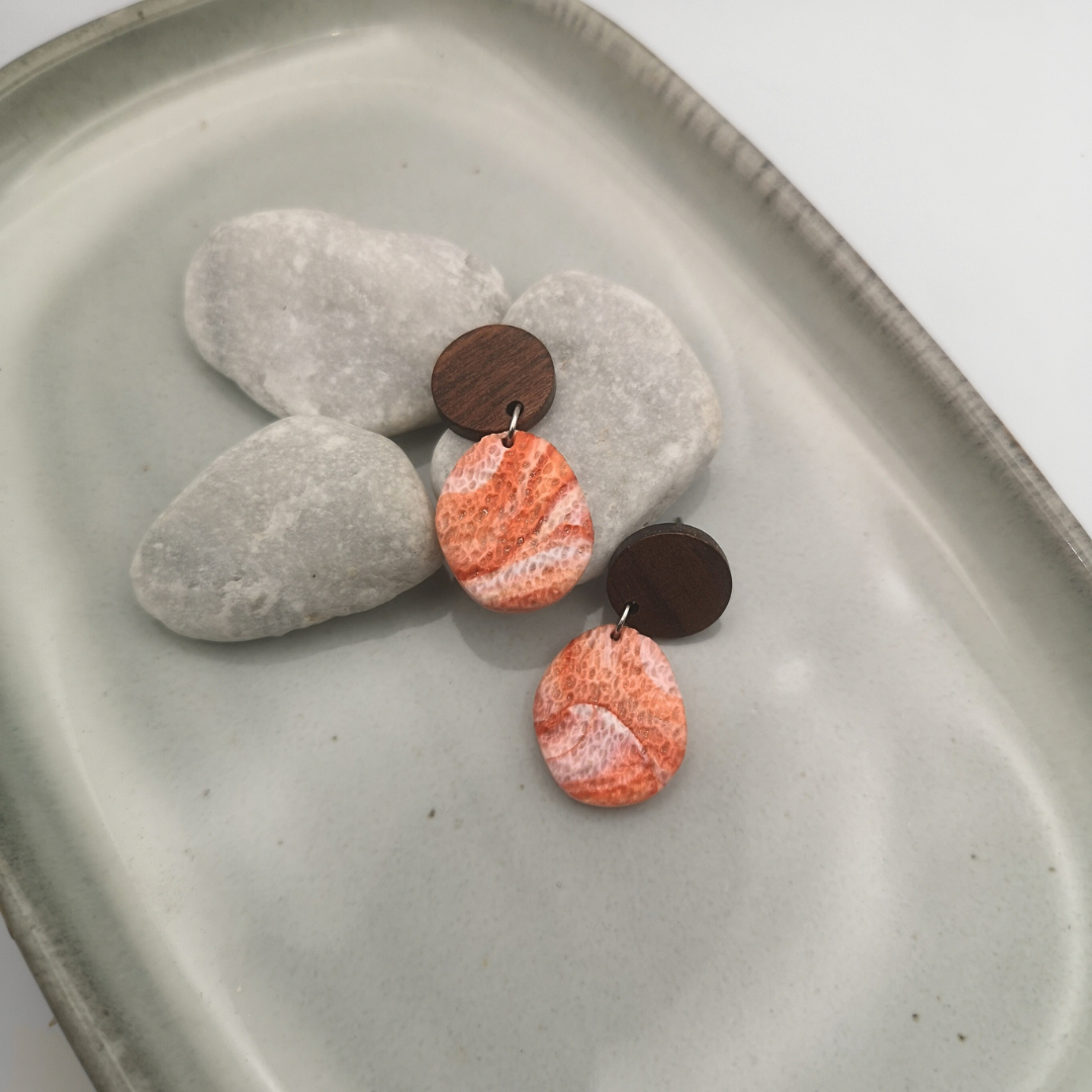 Sunset Grove – Polymer Clay & Wood Drop Earrings - Kiooinsitu