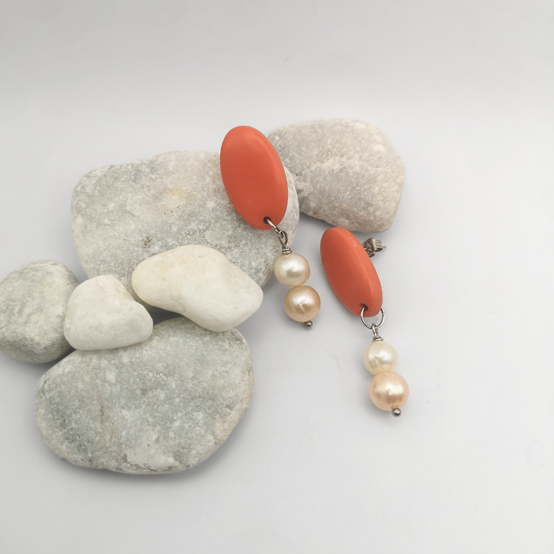 Coralia Pearl Drops – Clay & Freshwater Pearls-Inspired Earrings - Kiooinsitu