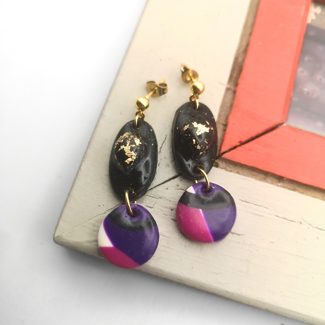 Midnight Bloom – Polymer Clay Earrings with Gold Leaf - Kiooinsitu