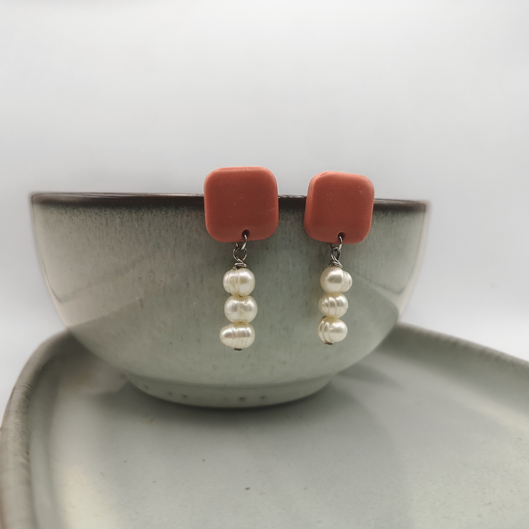 Coral Tide - Stainless Steel Freshwater Pearl & Clay Drop Earrings - Kiooinsitu