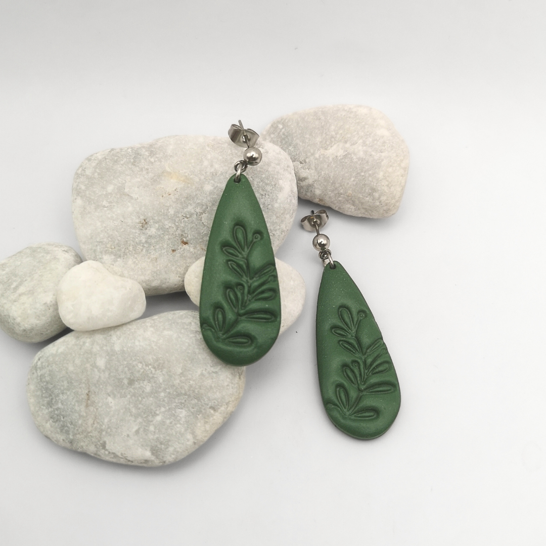 Green teardrop Polymer Clay earrings with leaf patterns 