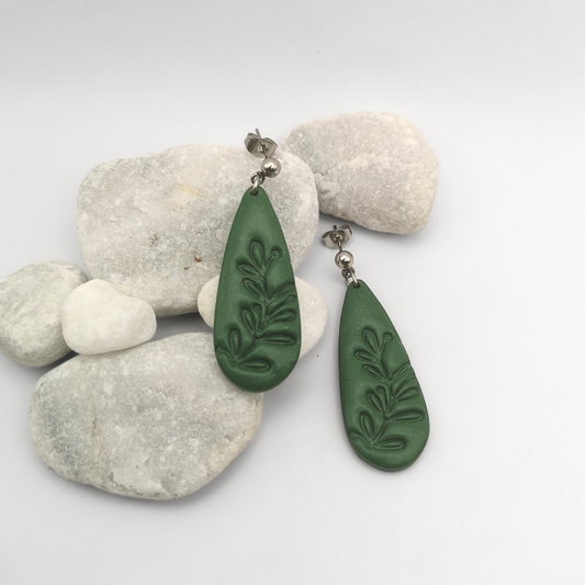 Green teardrop Polymer Clay earrings with leaf patterns 