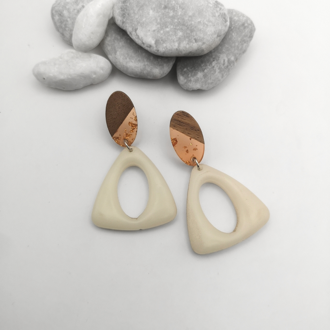 Earthline Drops – Ivory Polymer Clay Earrings with Wood & Perspex Studs - Kiooinsitu