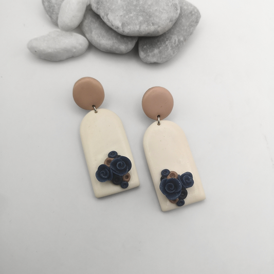 Ivory Polymer Clay Drop Earrings with Navy Clay Roses
