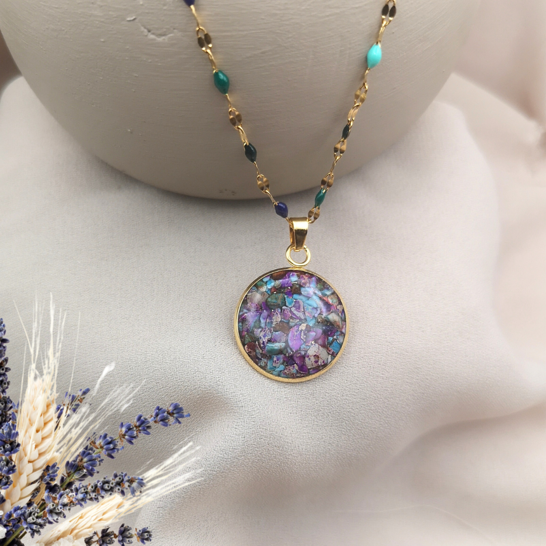 Gold-Plated Stainless Steel Necklace With Crushed Imperial Jasper Pendant