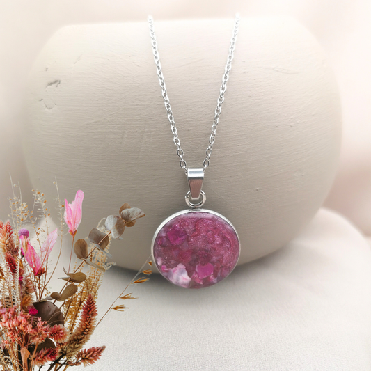 Stainless Steel Necklace With Dark Pink Crushed Agate Pendant