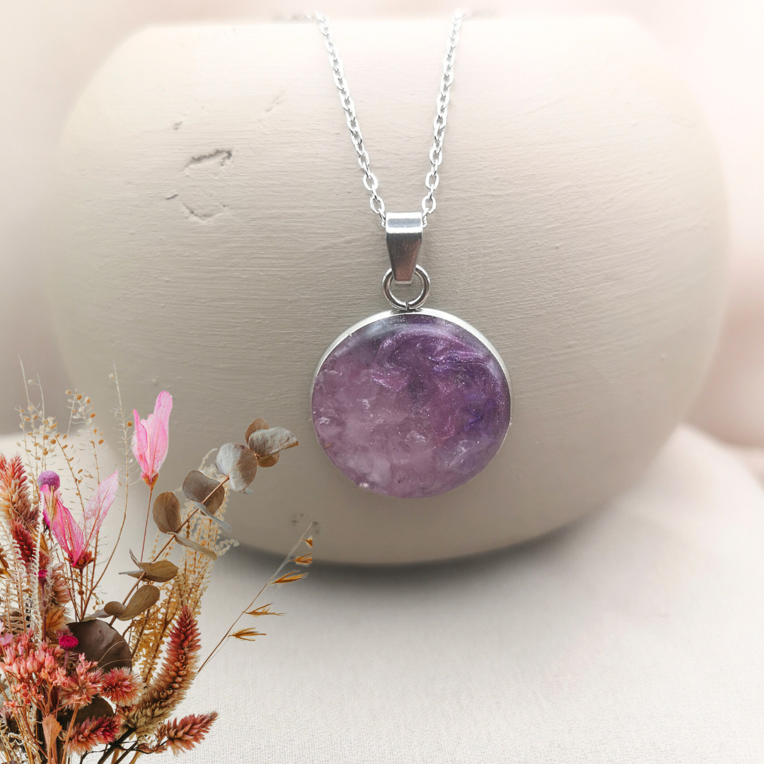 Stainless Steel Necklace With Crushed Rose Quartz