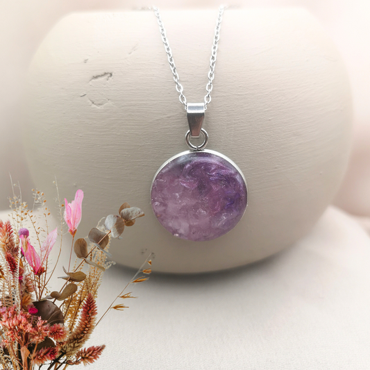 Stainless Steel Necklace With Crushed Rose Quartz