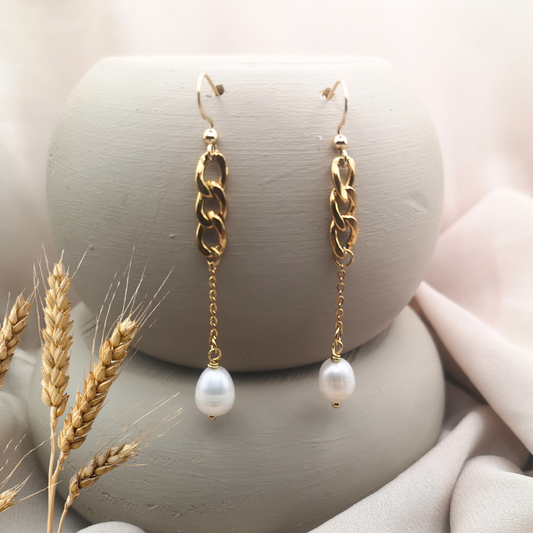 Stainless Steel Gold Plated Chain Earrings with Freshwater Pearls