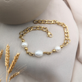 Stainless Steel Gold Plated Chain Bracelet with Freshwater Pearls - Kiooinsitu