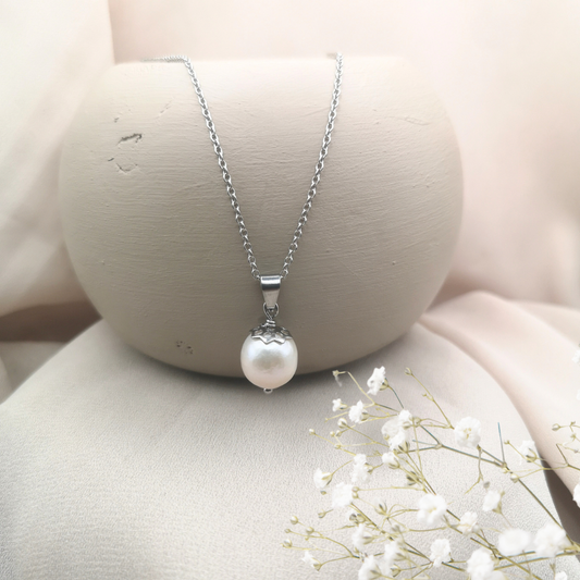 White Freshwater Pearl Pendant Stainless Steel Necklace