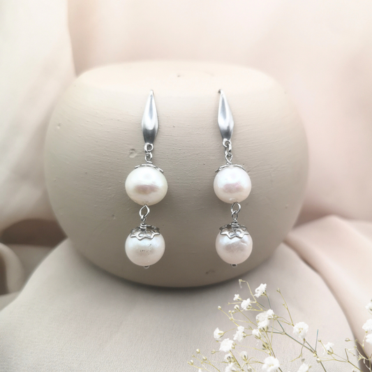 Natural White Freshwater Pearl Stainless Steel Drop Earrings