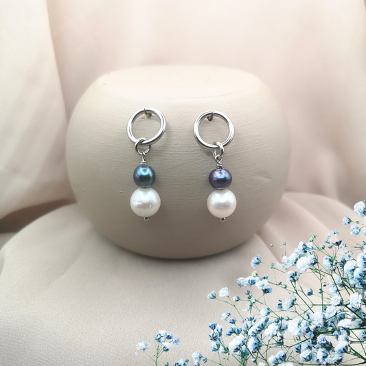 Dual Freshwater Pearl Stainless Steel Drop Earrings