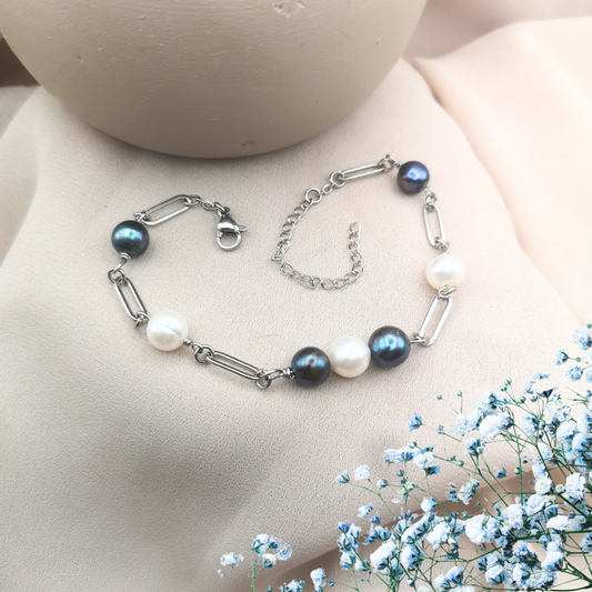 White & Blue Freshwater Pearl Stainless Steel Bracelet