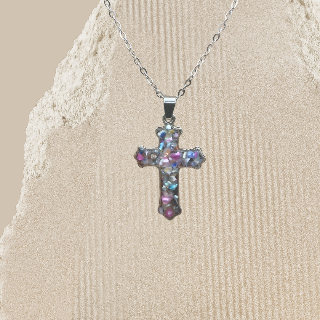 Faith’s Radiance - Crushed Freshwater Pearl Antique Silver Cross Necklace