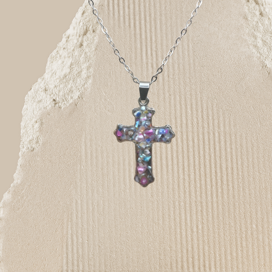 Faith’s Radiance - Crushed Freshwater Pearl Antique Silver Cross Necklace