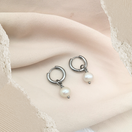 White Freshwater Pearl Hoop Earrings 14mm