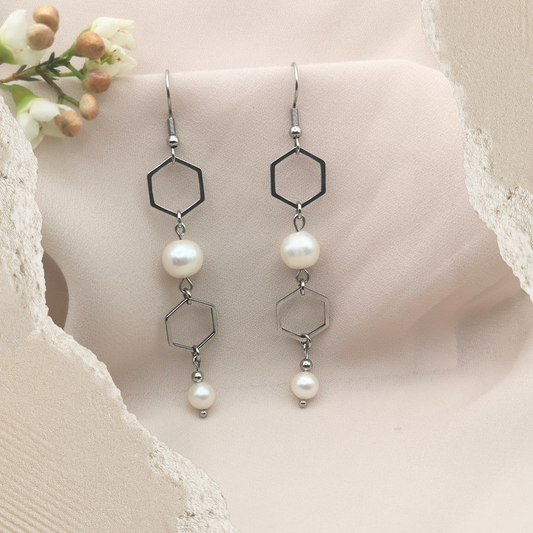 White Freshwater Pearl Stainless Steel Dangle Earrings