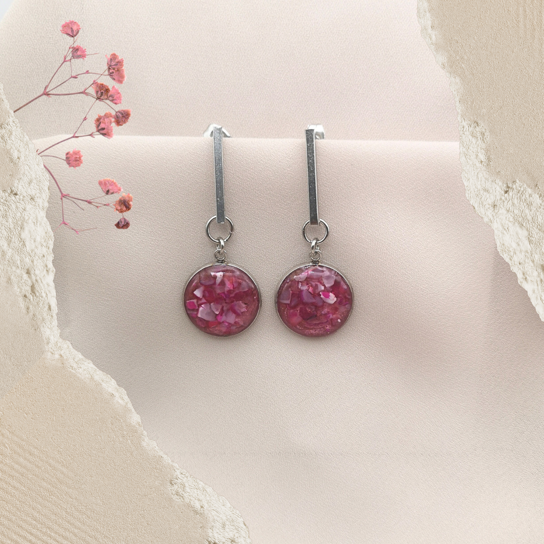 Stainless Steel Bar Earrings with Crushed Pink Gemstones - Kiooinsitu