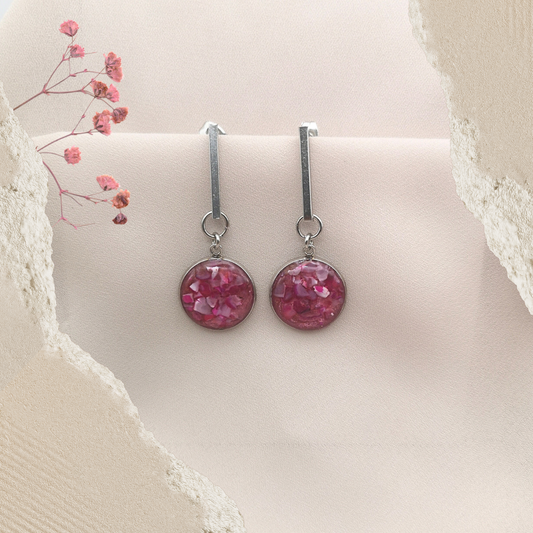 Stainless Steel Bar Earrings with Crushed Pink Gemstones