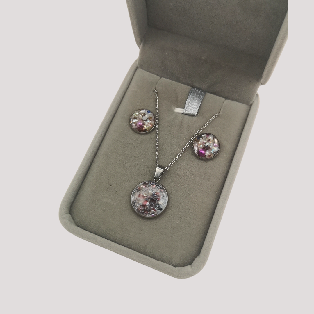 Crushed Freshwater Pearls Jewelry set with necklace and earrings on a gray cushioned box