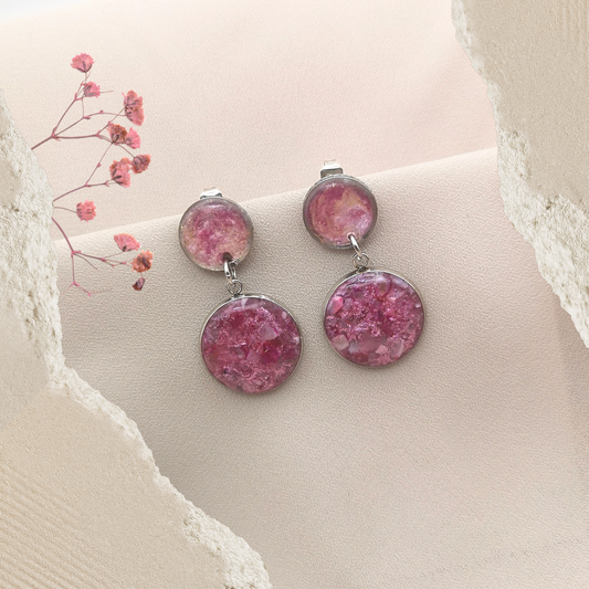 Stainless Steel Drop Earrings with Crushed Pink Gemstones