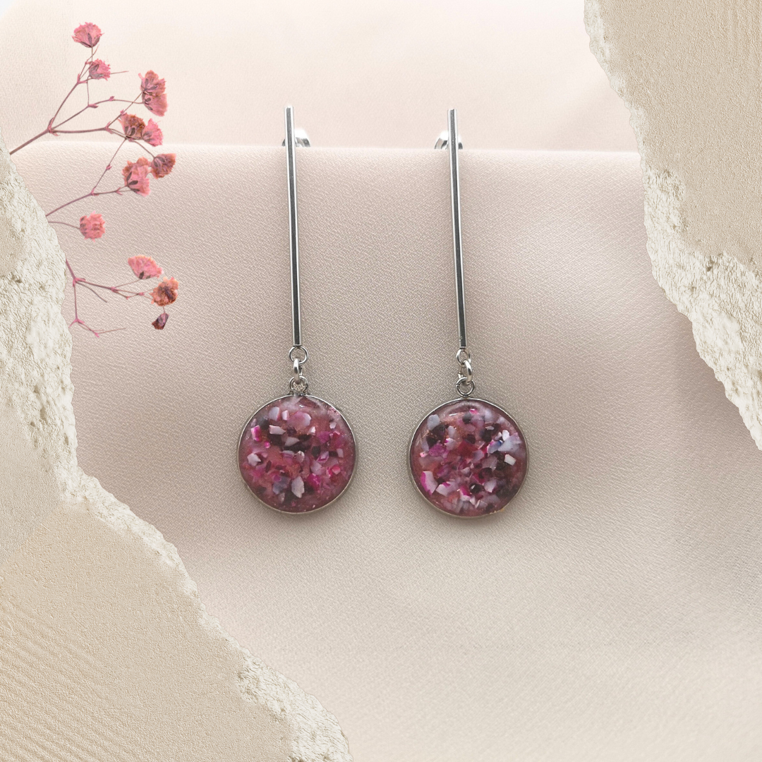 Stainless Steel Earrings with Crushed Pink Gemstones - Kiooinsitu