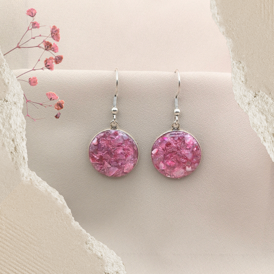 Stainless Steel Earrings with Crushed Pink Gemstones