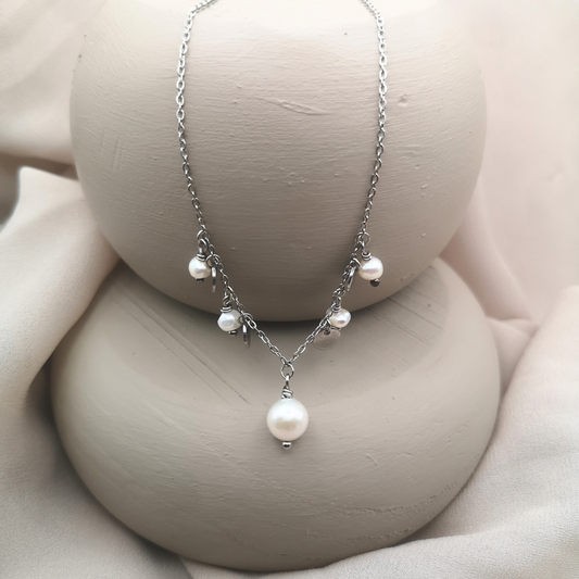 White Freshwater Pearl Stainless Steel Charm Necklace