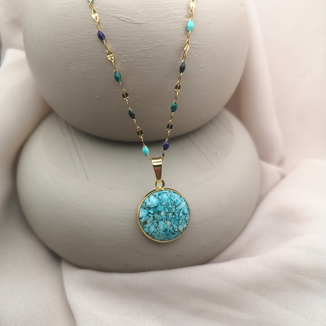 Crushed Turquoise Gold Plated Stainless Steel Necklace - Kiooinsitu